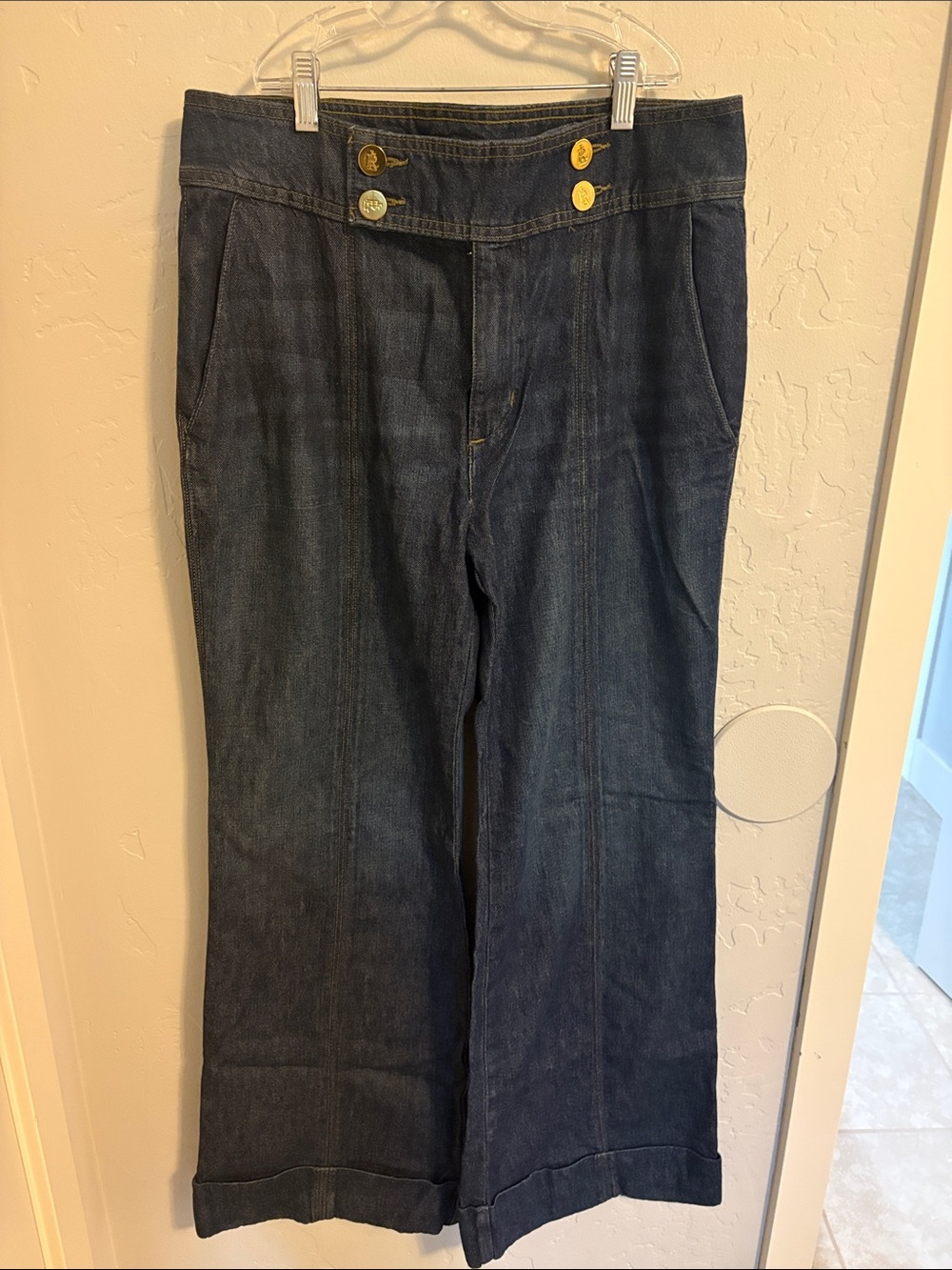 Lauren Ralph Lauren Dark Indigo Wide Leg Jeans with Gold Buttons